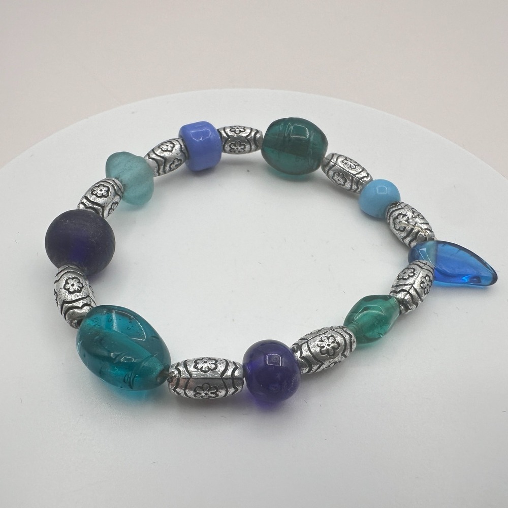 Vintage Y2K Silver Tone Stretch Beaded‎ Bracelet Boho Women's Classic Jewelry